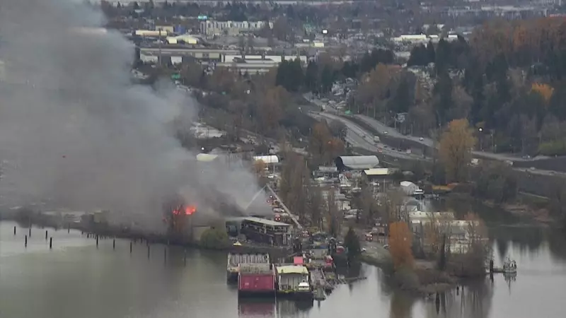 Large Fire Erupts Near Alex Fraser Bridge in North Delta