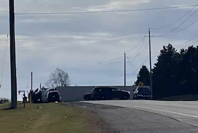 Transport Truck Overturns on Dickie Settlement Road in North Dumfries