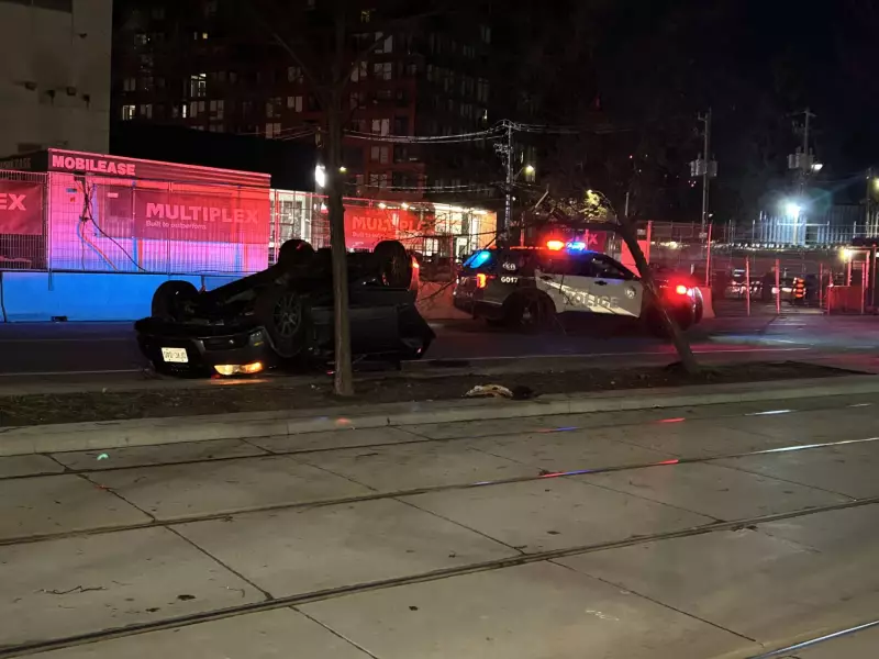 Two Men Arrested After Rollover Crash Blocks Toronto Streetcar Tracks