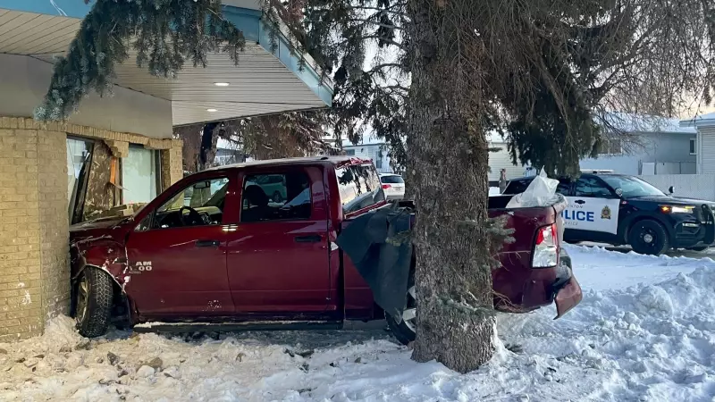 Pickup Truck Crashes into ATB Financial Building in North Edmonton