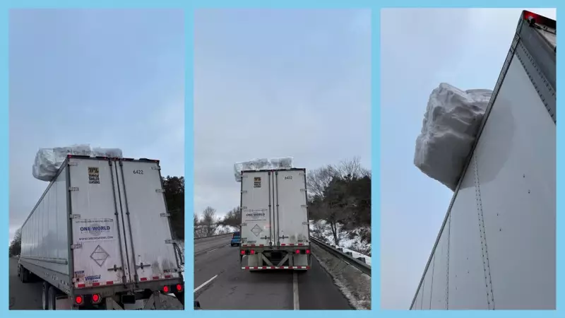 Truck Driver Charged After Massive Ice Block Spotted on Trailer Roof in Ontario