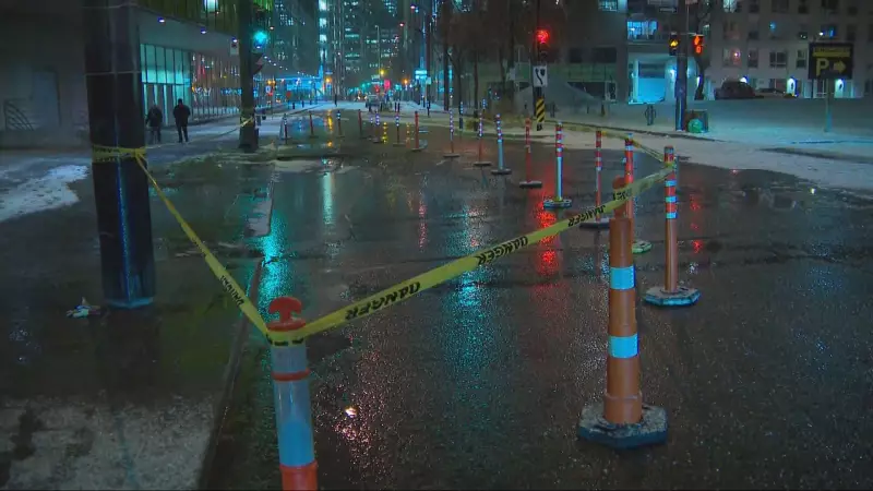 Water Main Break Forces Street Closures Near Montreal's Palais des Congrès