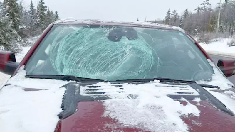 Northern Ontario Police Issue Urgent Winter Driving Reminder After Ice Chunk Smashes Windshield