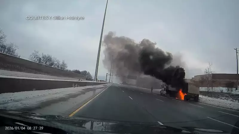 Transport Truck Fire on Hwy 7/8 in Kitchener: Dashcam Captures Blazing Wheel