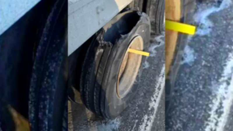Commercial Trailer Tire Missing Large Chunk on Highway 400, Police Stop Vehicle