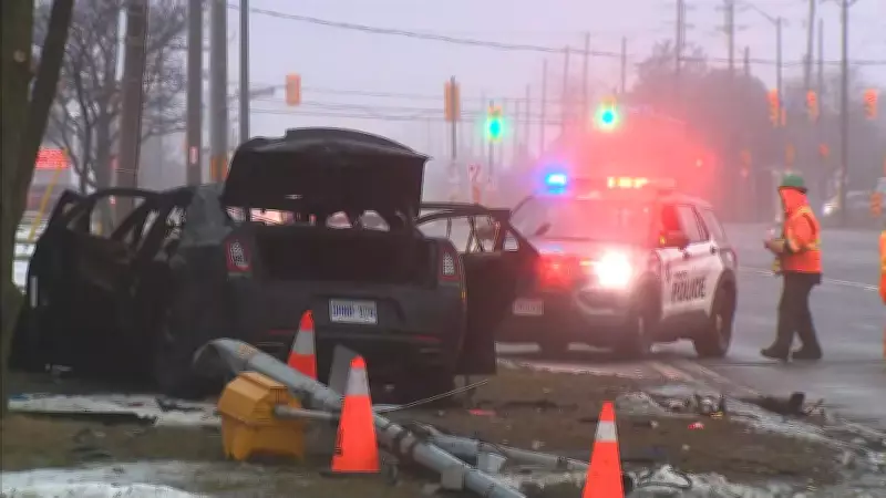 Two Arrested After Fiery Crash into Pole in Rexdale, Toronto