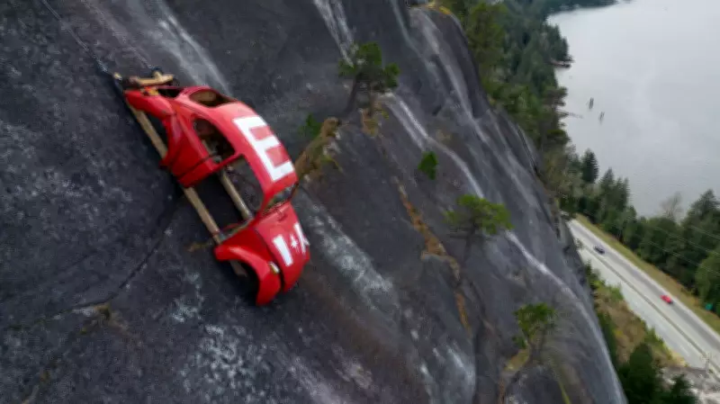 BC Authorities Urge Caution as Engineering Students' Prank Car Shell Hangs on Cliff