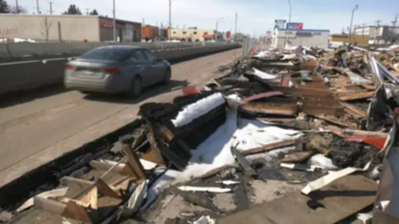 Edmonton Hotel Fire Debris Remains on Stony Plain Road Sidewalk Months Later