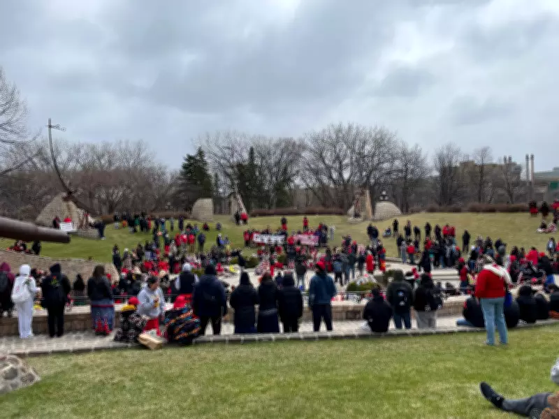 Dozens of Manitobans March for Change on Red Dress Day at The Forks