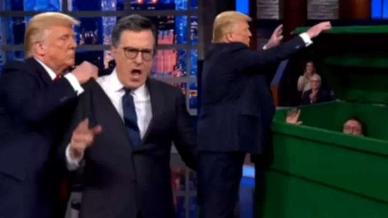 Trump Posts AI Video of Him Dumping Stephen Colbert in Dumpster After Final Show