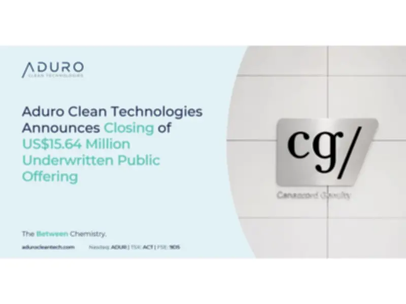Aduro Clean Technologies Closes $15.54M Public Offering for Industrial Plant