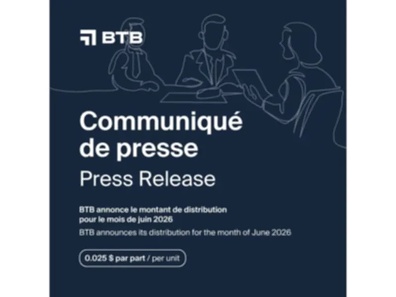 BTB REIT Announces Monthly Distribution for June 2026