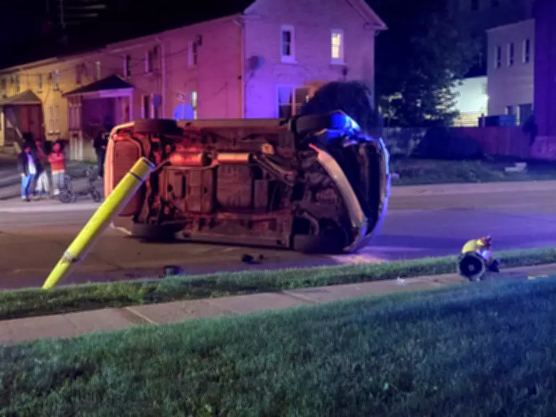 Car Hits Fire Hydrant and Rolls Over in Kitchener Crash