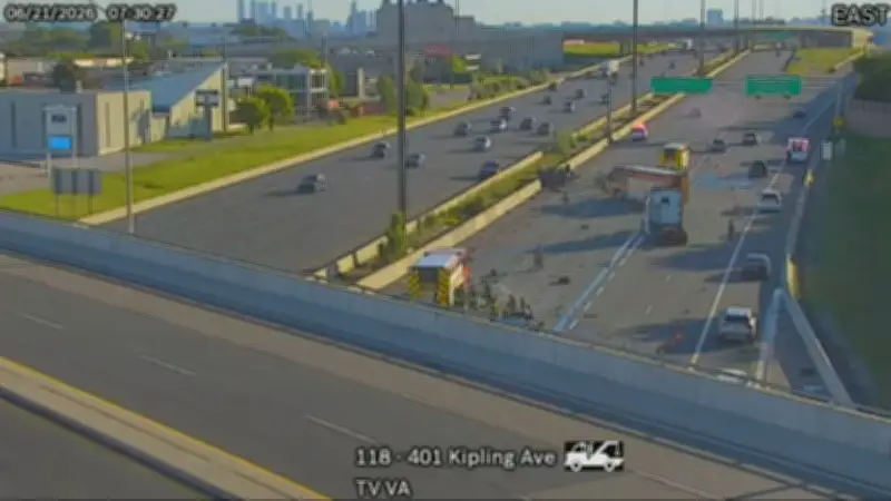 Highway 401 eastbound reopens at Kipling after crash and fire