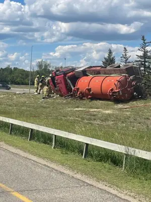 Fire crews respond to rollover involving vac truck in Regina