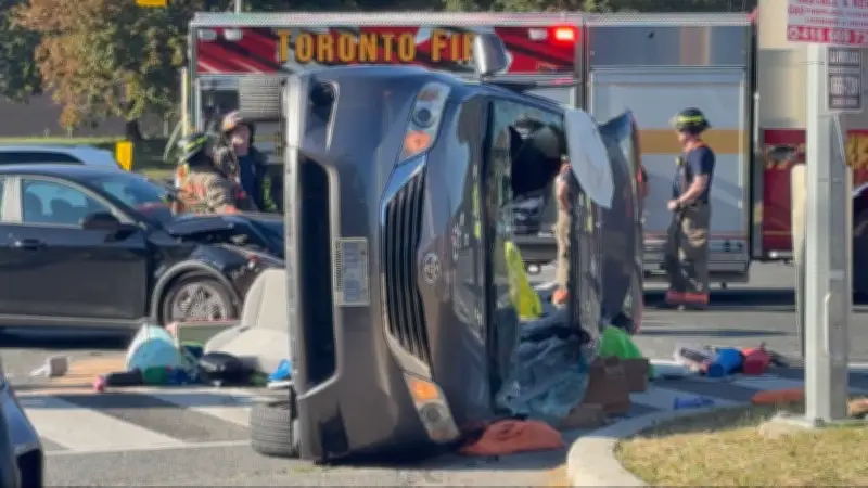 7 hospitalized after collision flips vehicle in North York