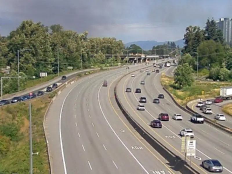 Coquitlam Fire Sends Smoke Over Highway 1 Near Brunette Avenue